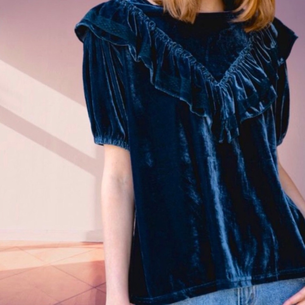 Gorgeous POL Velvet Midnight Blue Ruffle Top - Picture 2 of 3